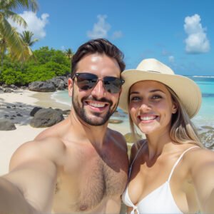 Couple taking a selfie on the beach—happy vacation photo perfect for travel blogs, lifestyle content, and social media visuals