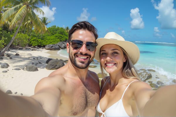 Couple taking a selfie on the beach—happy vacation photo perfect for travel blogs, lifestyle content, and social media visuals