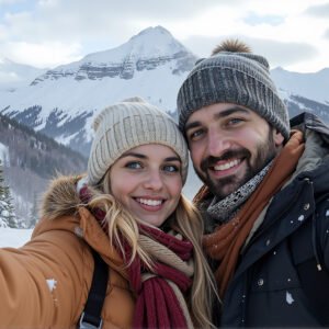 Happy couple taking selfie together with snow-covered mountains in background during winter trip