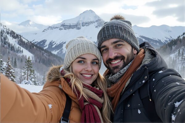 Happy couple taking selfie together with snow-covered mountains in background during winter trip
