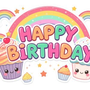 Kawaii-style smiling cupcake birthday card illustration—perfect for kids’ party design, crafts, and cute social media visuals