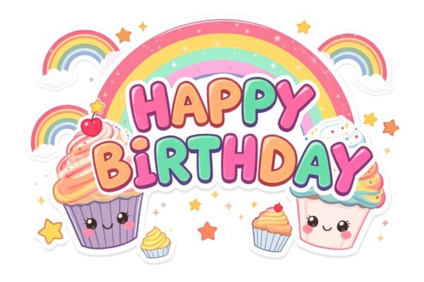 Kawaii-style smiling cupcake birthday card illustration—perfect for kids’ party design, crafts, and cute social media visuals
