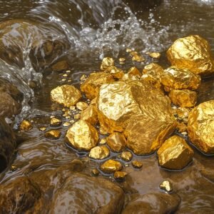 Natural gold nuggets on a rocky riverbed with clear flowing water