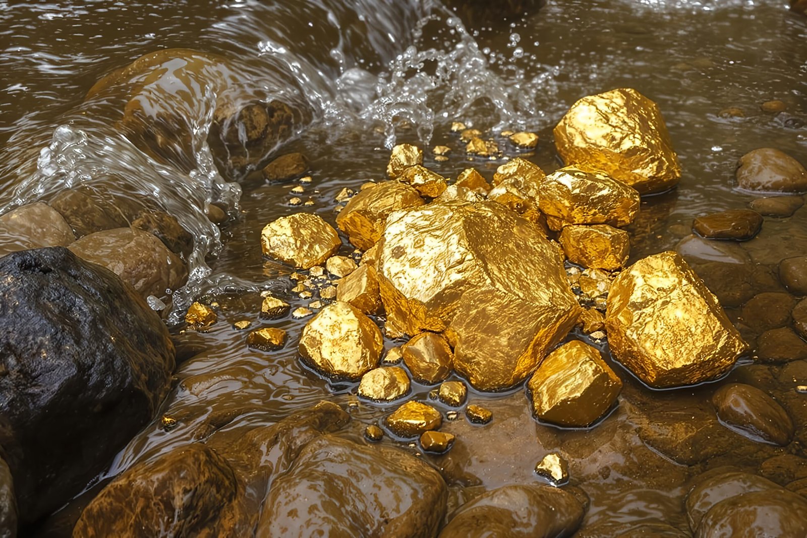 Natural gold nuggets on a rocky riverbed with clear flowing water
