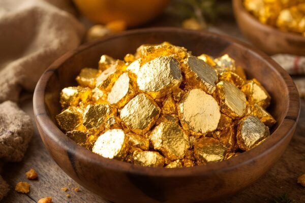 Unrefined raw gold nuggets in a wooden bowl with warm natural textures