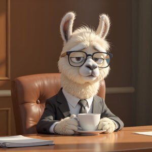3D cartoon llama character wearing business suit and professional clothes in humorous style