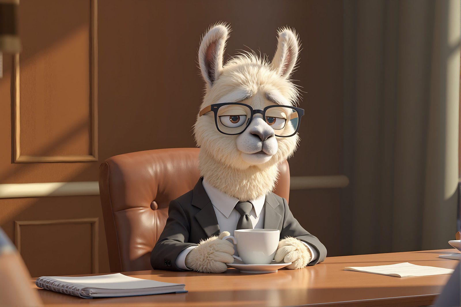 3D cartoon llama character wearing business suit and professional clothes in humorous style