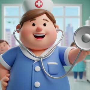 Funny 3D cartoon nurse character holding comically oversized stethoscope in playful medical illustration