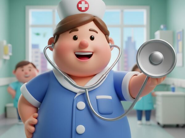 Funny 3D cartoon nurse character holding comically oversized stethoscope in playful medical illustration