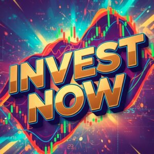 Bold "Invest Now" text overlay on stock market chart background with financial data and graphs