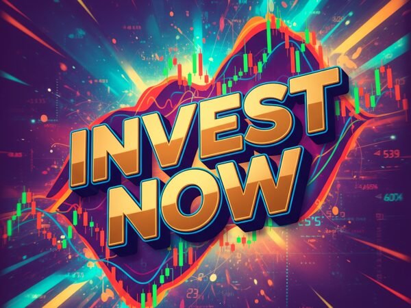 Bold "Invest Now" text overlay on stock market chart background with financial data and graphs