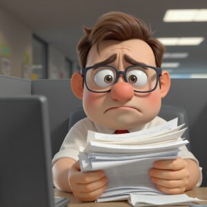 3D cartoon man looking stressed and overwhelmed at office desk in workplace setting