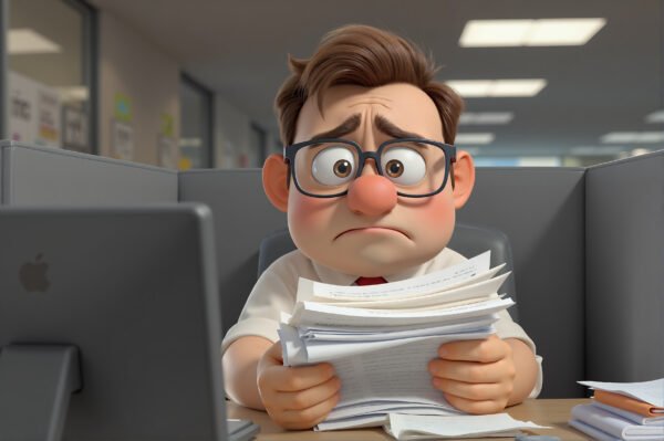 3D cartoon man looking stressed and overwhelmed at office desk in workplace setting