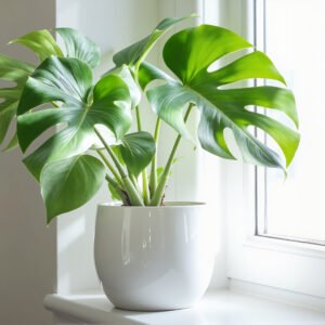 Monstera deliciosa tropical plant with large split leaves in white ceramic pot