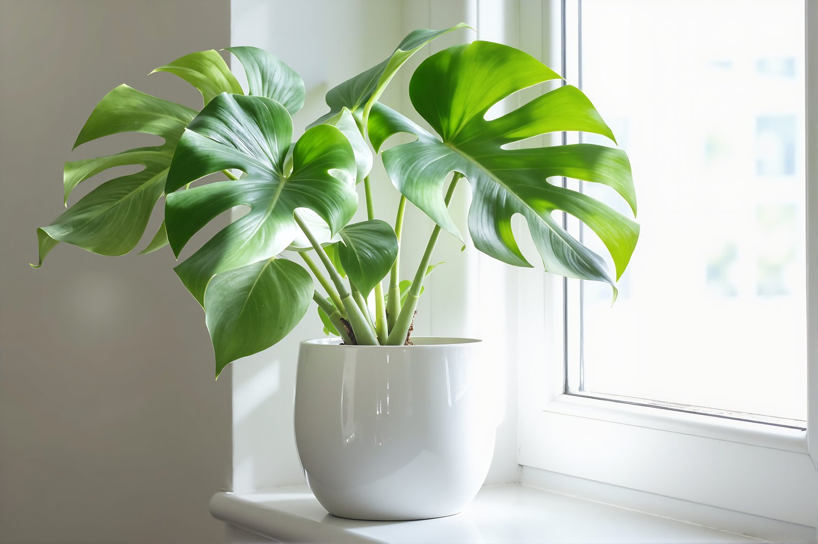 Monstera deliciosa tropical plant with large split leaves in white ceramic pot