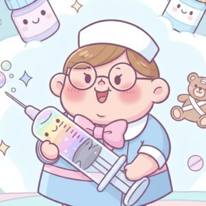 Humorous cartoon nurse character holding oversized giant syringe in playful medical illustration