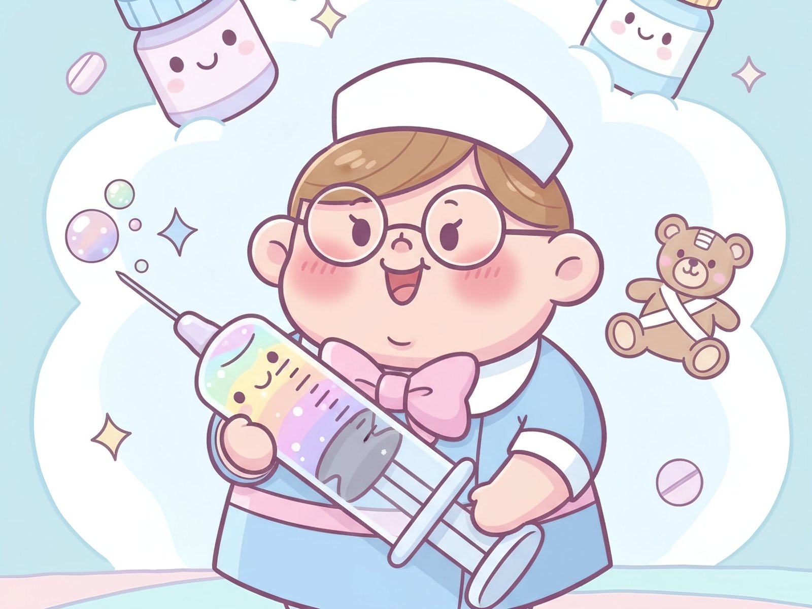 Humorous cartoon nurse character holding oversized giant syringe in playful medical illustration