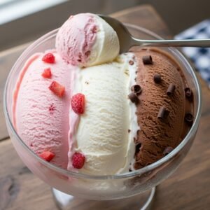 Neapolitan ice cream in bowl showing three classic flavors chocolate vanilla and strawberry