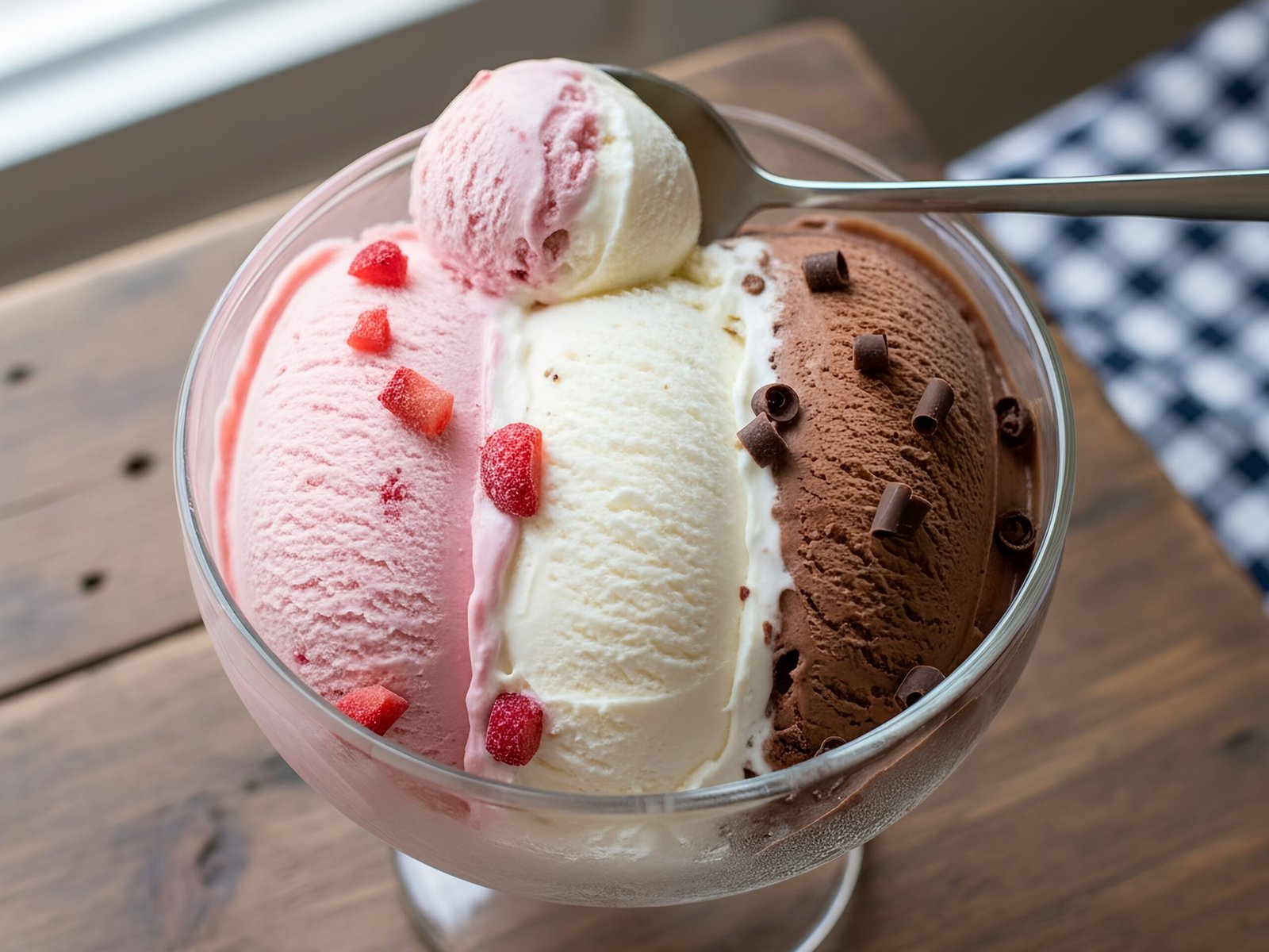 Neapolitan ice cream in bowl showing three classic flavors chocolate vanilla and strawberry