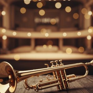 Shiny polished brass trumpet resting on table in professional musical instrument photography