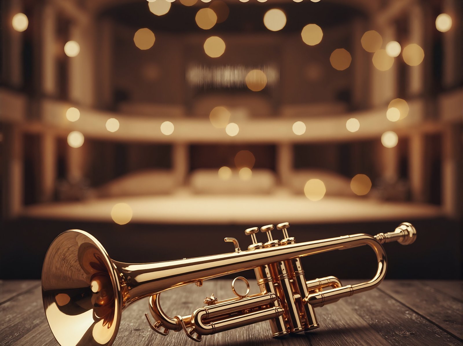 Shiny polished brass trumpet resting on table in professional musical instrument photography