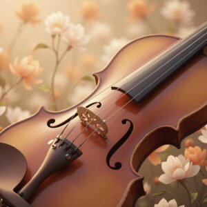 Violin close-up with soft blurred floral background in warm tones creating artistic musical atmosphere