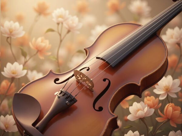 Violin close-up with soft blurred floral background in warm tones creating artistic musical atmosphere