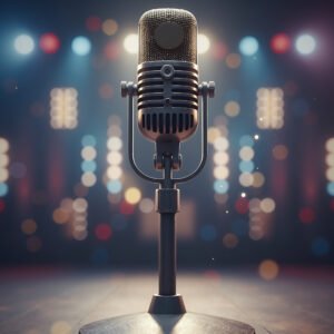 Microphone in sharp focus with blurred colorful stage lights in background during live performance