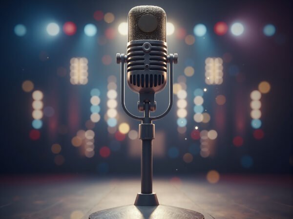 Microphone in sharp focus with blurred colorful stage lights in background during live performance