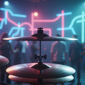 Shining drum cymbals in focus with blurred neon nightclub background capturing live performance energy