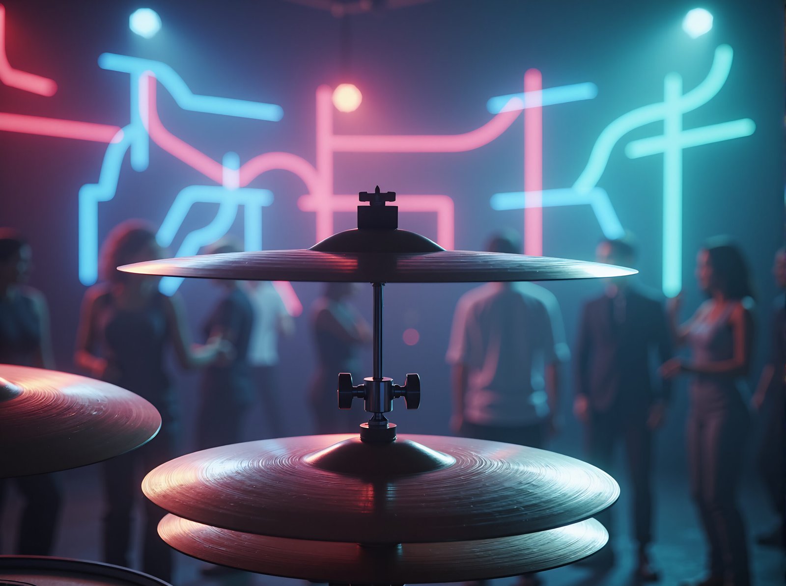 Shining drum cymbals in focus with blurred neon nightclub background capturing live performance energy