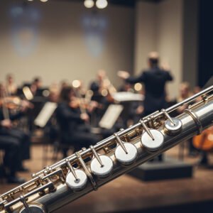 Close-up image of a silver flute with blurred orchestra in background, ideal for music and performance visuals