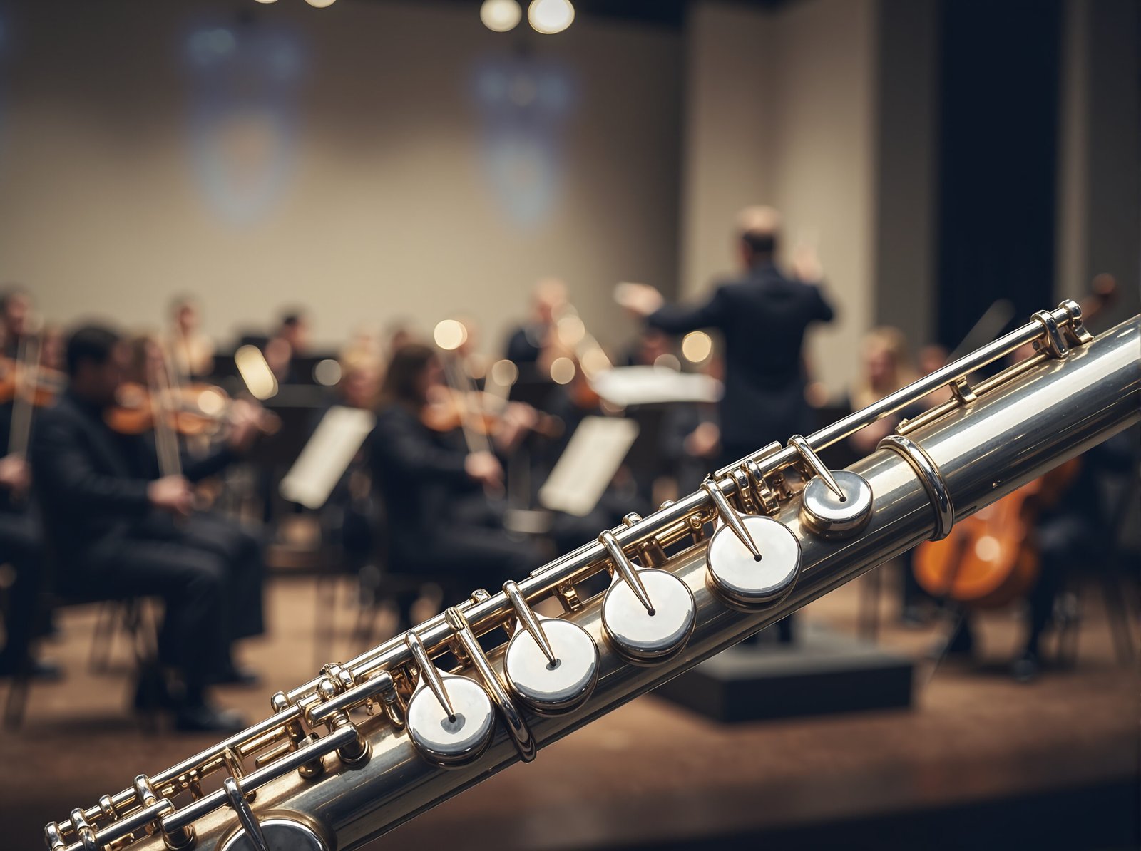 Close-up image of a silver flute with blurred orchestra in background, ideal for music and performance visuals