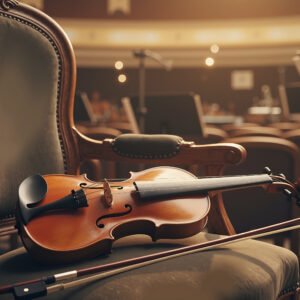 Violin and bow resting on a wooden chair, ideal for music, instrument showcases, and artistic content