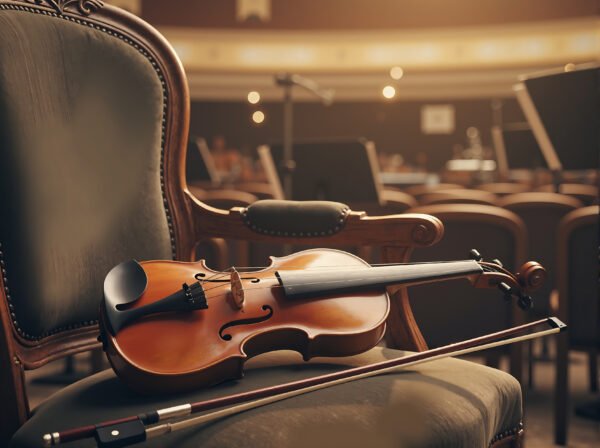 Violin and bow resting on a wooden chair, ideal for music, instrument showcases, and artistic content