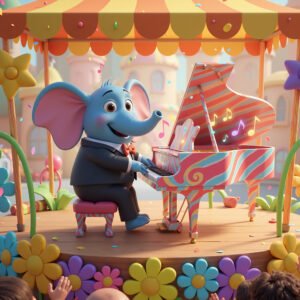 3D cartoon elephant character playing piano in cheerful whimsical illustration style