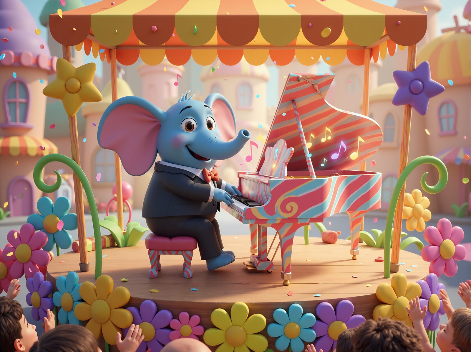 3D cartoon elephant character playing piano in cheerful whimsical illustration style