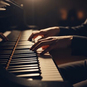 Piano keys in sharp focus with blurred musician hands playing in background creating artistic depth