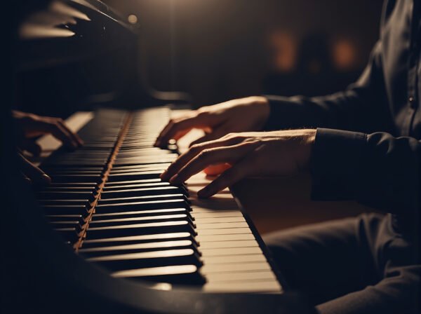 Piano keys in sharp focus with blurred musician hands playing in background creating artistic depth