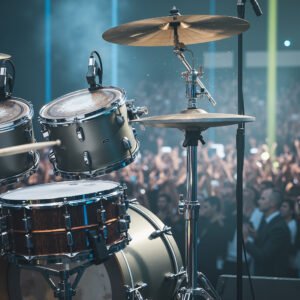 Drum set partially visible with blurred concert crowd and colorful stage lights in the background, high contrast realism