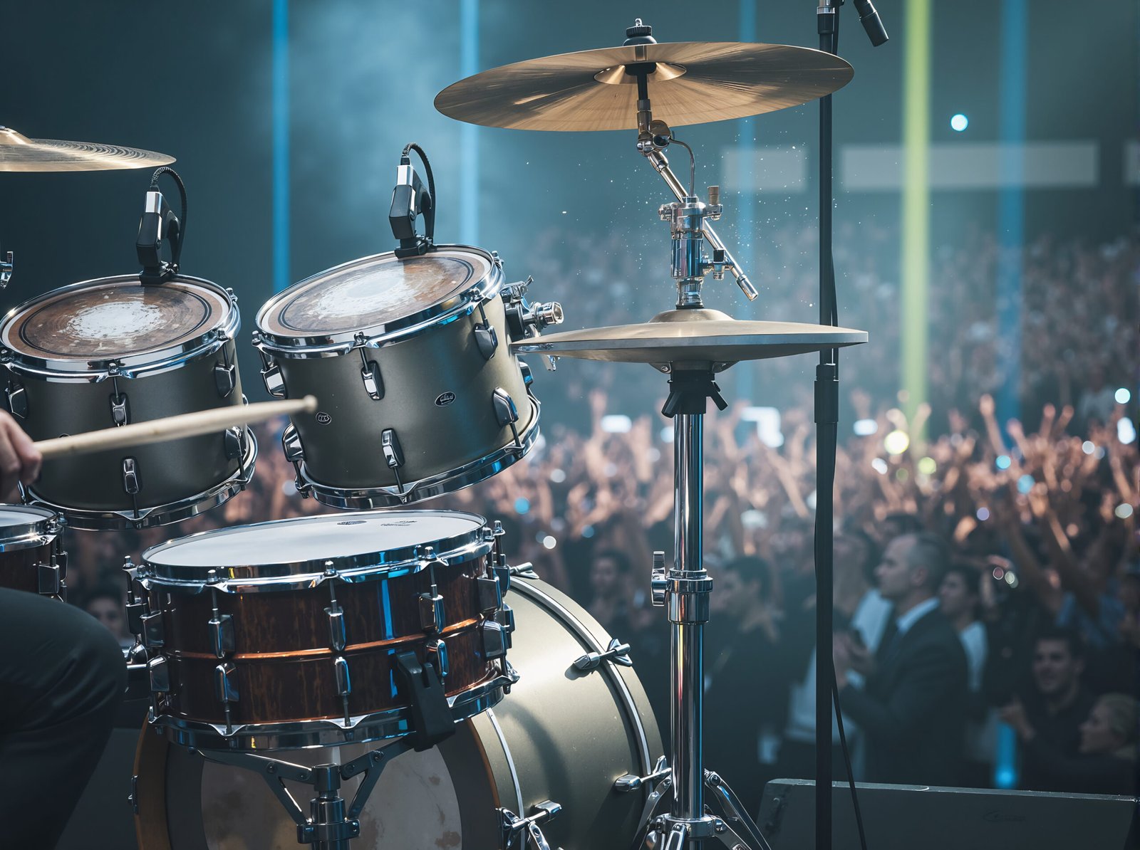 Drum set partially visible with blurred concert crowd and colorful stage lights in the background, high contrast realism