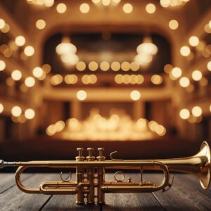 Gleaming brass trumpet resting on a wooden table, ideal for music, instrument features, or decor visuals