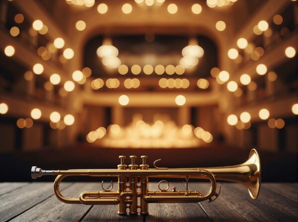 Gleaming brass trumpet resting on a wooden table, ideal for music, instrument features, or decor visuals