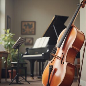 Cello leaning against wall in artistic classical music instrument photography