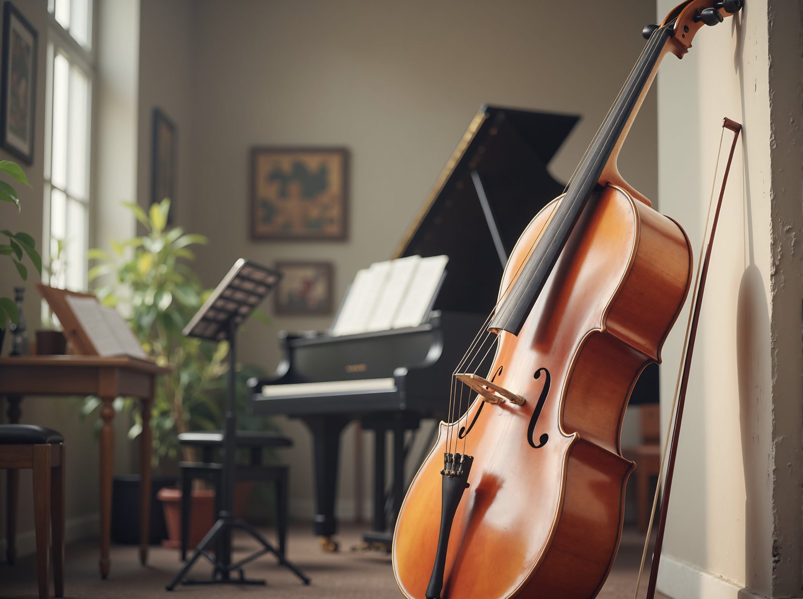 Cello leaning against wall in artistic classical music instrument photography