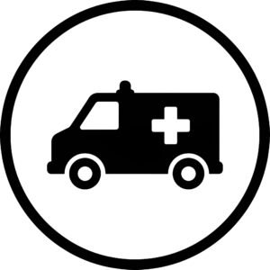 Black flat vector style ambulance icon representing emergency medical services and healthcare response