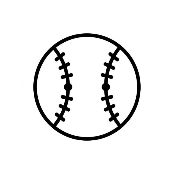 Black-and-white flat vector icon of a baseball ball on white background—free graphic for sports or icon-style visuals.
