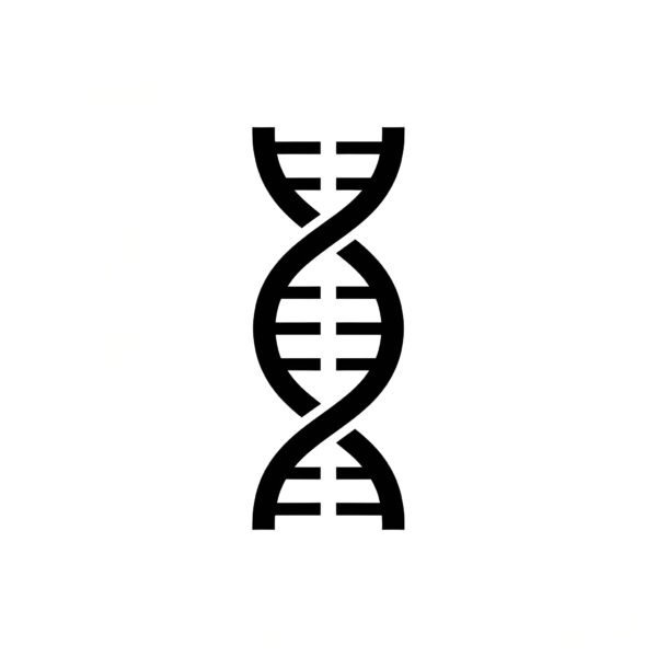 Black and white flat vector DNA helix icon in minimalist style representing genetics and molecular science