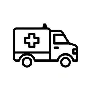 Black and white flat vector ambulance icon representing emergency medical services and healthcare response Black and white flat vector ambulance icon representing emergency medical services and healthcare response