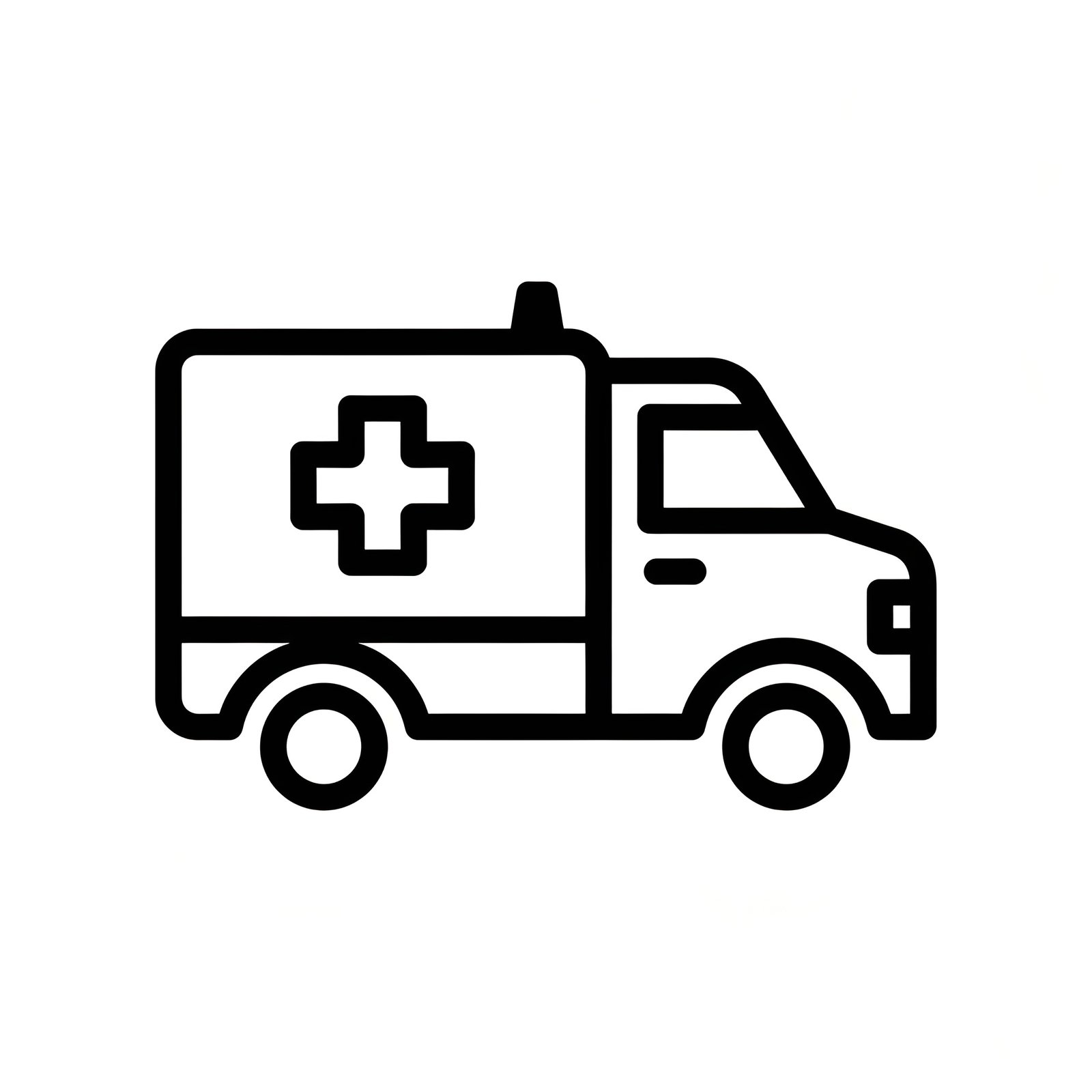 Black and white flat vector ambulance icon representing emergency medical services and healthcare response